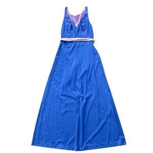 Henson Kickernick Maxi Dress Vintage 70s Satin Lingerie Gown 34 Blue Pink